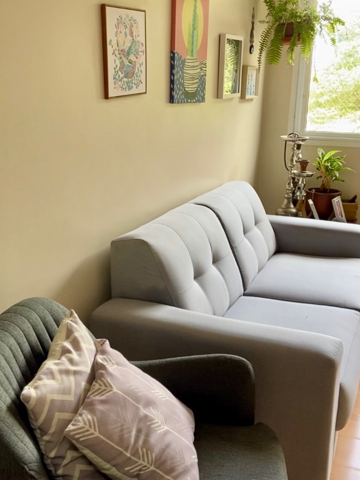 Sala de estar com sofá azul-claro higienizado pela Soffã, do feed do Instagram